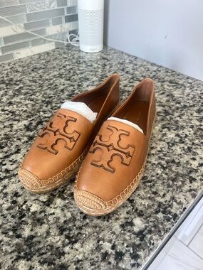 Tory Burch Tan Leather Logo Espadrille Flats
